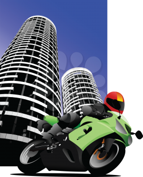 Biker on city background. Motorcycle. Vector illustration