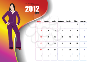 Calendar 2012 with woman image. June. Vector illustration