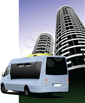 Blue colored minibus on the road and city silhouette. Vector illustration