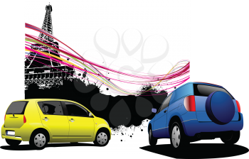 Two cars with Paris image background. Vector illustration