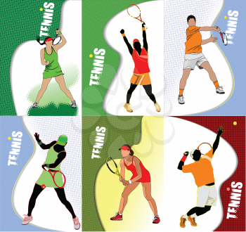 Six Posters of  tennis player. Colored Vector illustration for designers
