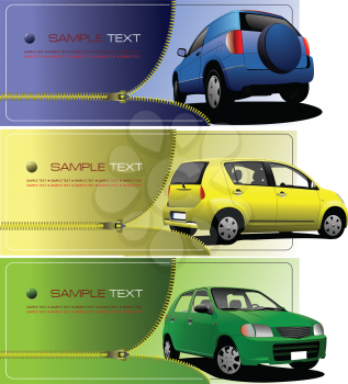 Three banners with Zipper open car. Vector illustration