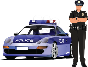 Police woman standing near police car  isolated on white. Vector illustration