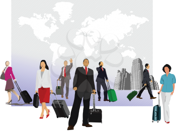 Business man with suitcase on world map background. Vector illustration