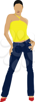 Young girl in yellow shirt. Colored Vector illustration