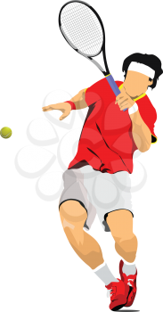 Man Tennis player in red T-shirt. Colored Vector illustration for designers