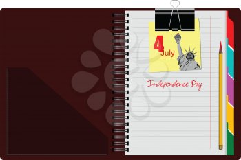 Brown Notebook open on white background with clipped yellow none. Independence day. Vector illustration