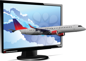 Flat computer monitor with plane image. Display. Vector illustration