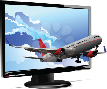 Passenger plane started from flat computer monitor. Display. Vector illustration