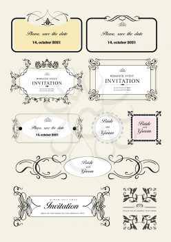 Set of ornate vector frames and ornaments with sample text. Perfect as invitation or announcement. All pieces are separate. Easy to change colors and edit.