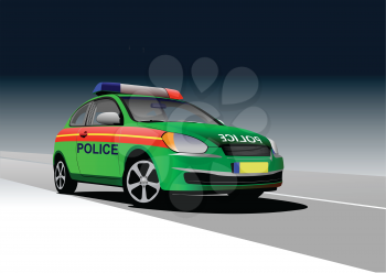 Police car on night city panorama background. Vector illustration