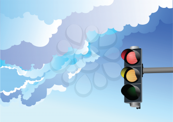 Traffic lights on sky background. Red signal. Yellow signal. Green signal. 3d
