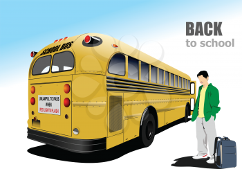 Yellow school bus. Boy is waiting for bus. Back to school. Vector 3d illustration