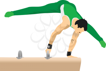 Man gymnast exercises on pommel horse. 3d vector illustration