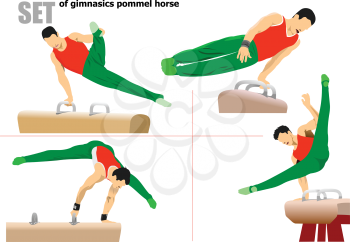 Set of Man gymnast exercises.  Pommel horse. 3d vector illustration