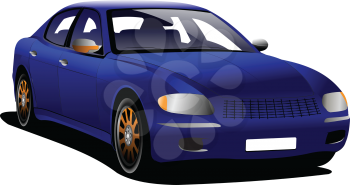 Blue car sedan on the road. Colored Vector illustration. 