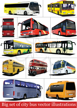 Big set of City buses. Tourist coach. Vector 3d illustration for designers
