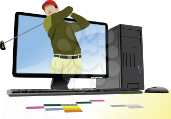 Vector 3d color  illustration of desktop PC or server station with golfer image. 