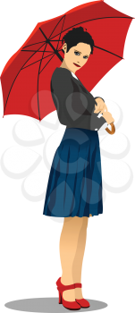 Palming up woman with red umbrella checks the rain. 3d vector illustration