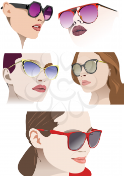 Woman`s faces with sunglasses. 3d vector color illustration