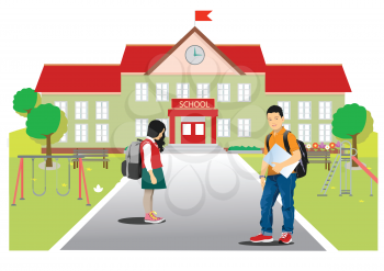  “Back to school” with schoolboy and schoolgirl image. Vector 3d illustration