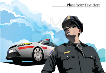 Police car and Policeman with walkie-talkie radio. Vector 3d illustration