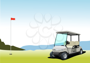 Electrical golf car on golf field background. Vector 3d illustration