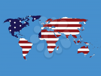 Royalty Free Clipart Image of a World Map With the Stars and Stripes Across It