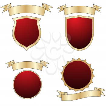 Empty red shields collection, isolated objects over white