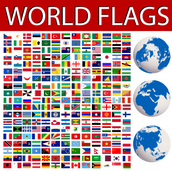 World flags collection and planet Earth