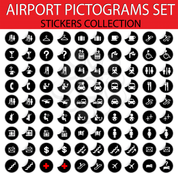 Airport pictogram set on stickers, isolated and grouped objects on white background