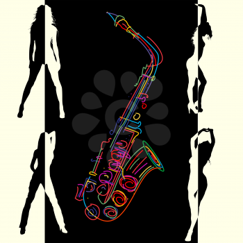 Abstract jazz club background with stylized saxophone and dancing girls 