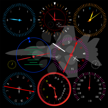Modern airplane dashboard over black background, isolated and grouped objects.