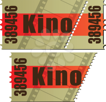 German cinema, kino movie ticket , isolated objects on white.