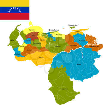 Detailed map of Venezuela divided in districts and flag, isolated and grouped objects over white background