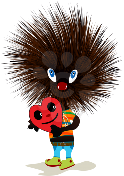 Cute hedgehog mascot standing and holding a heart, isolated objects on white background