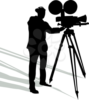 Camera man and shadow silhouette over white background