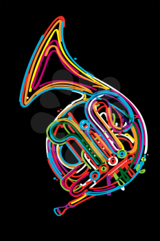 Stylized french horn against white background.