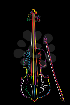 Graphic brush sketch illustration of a stylized violin and bow  over black.