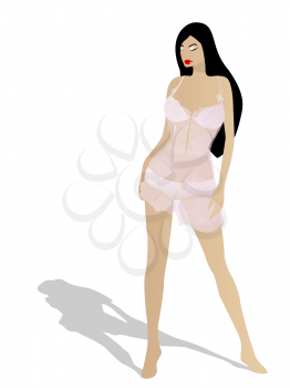 Illustration of a brunette girl wearing night lingerie. Image contains transparency effect.