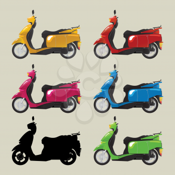 A collection of retro style imagery scooters in colors and silhouette