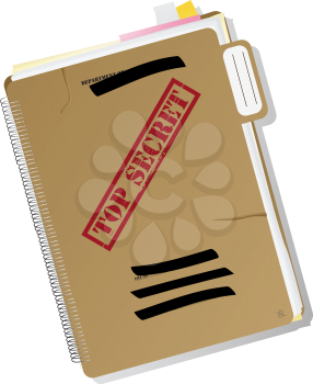 Top secret folder with files, notes and papers, isolated and grouped objects over white background, no mesh or transparencies used.