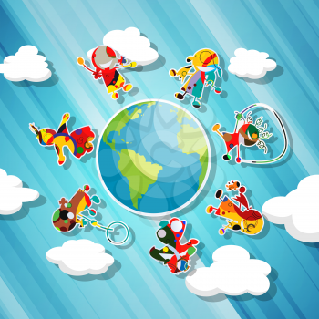 Children stickers arround globe, cartoon illustration
