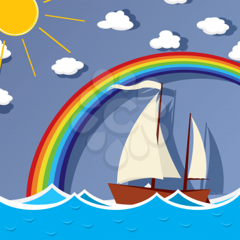 Sailboat floats on the sea under a a clear sky with rainbow sun and floating clouds