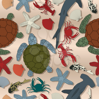 Sea life seamless pattern, cartoon art