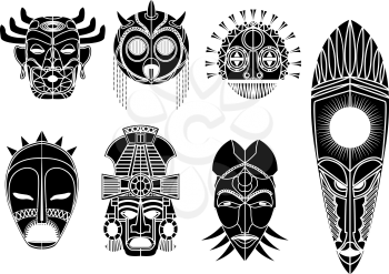 Tribal masks, ornamental elemets set over white background