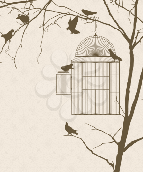Vintage style card with bird silhouettes and birdcage