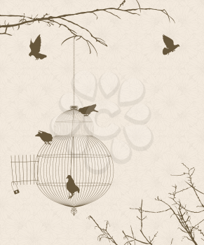 Vintage style card with bird silhouettes and birdcage