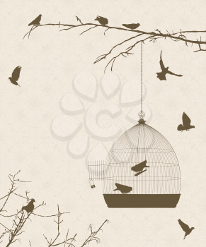 Vintage style card with bird silhouettes and birdcage