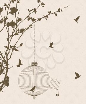 Vintage style card with bird silhouettes and birdcage